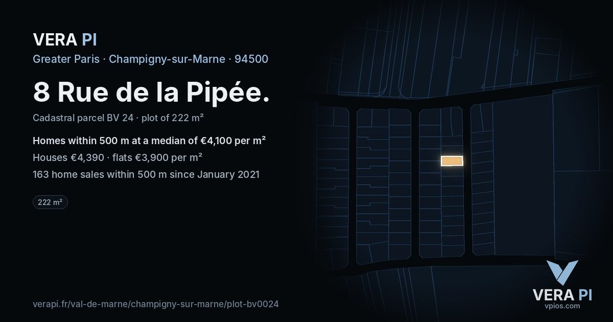 8 Rue de la Pipée, Champigny-sur-Marne at night – the plot lit, the parcels around coloured by the prices near them