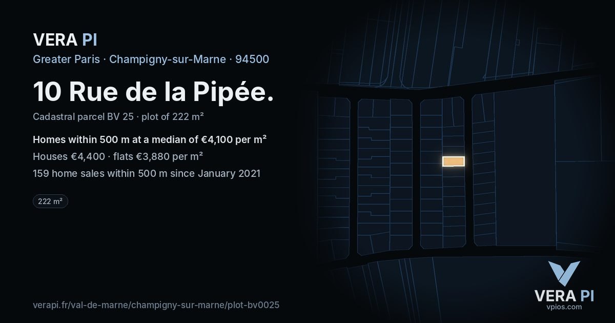 10 Rue de la Pipée, Champigny-sur-Marne at night – the plot lit, the parcels around coloured by the prices near them