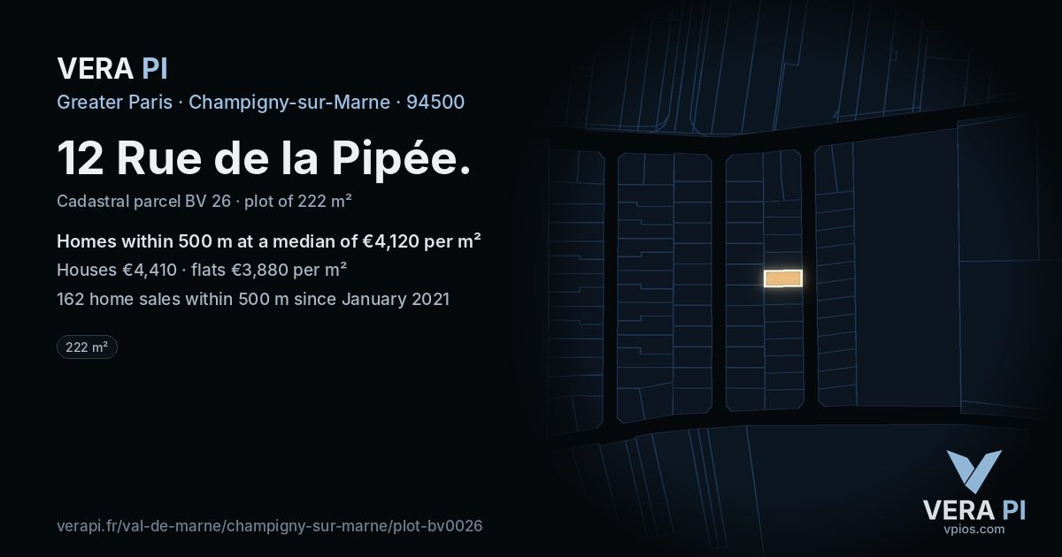 12 Rue de la Pipée, Champigny-sur-Marne at night – the plot lit, the parcels around coloured by the prices near them