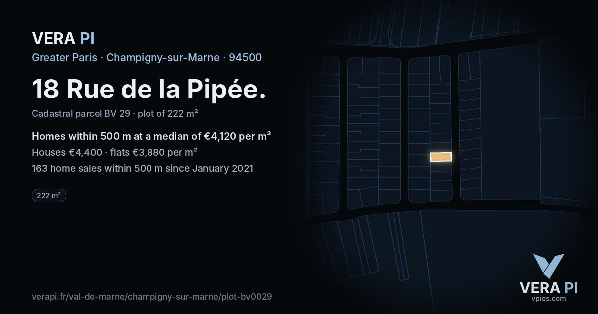 18 Rue de la Pipée, Champigny-sur-Marne at night – the plot lit, the parcels around coloured by the prices near them