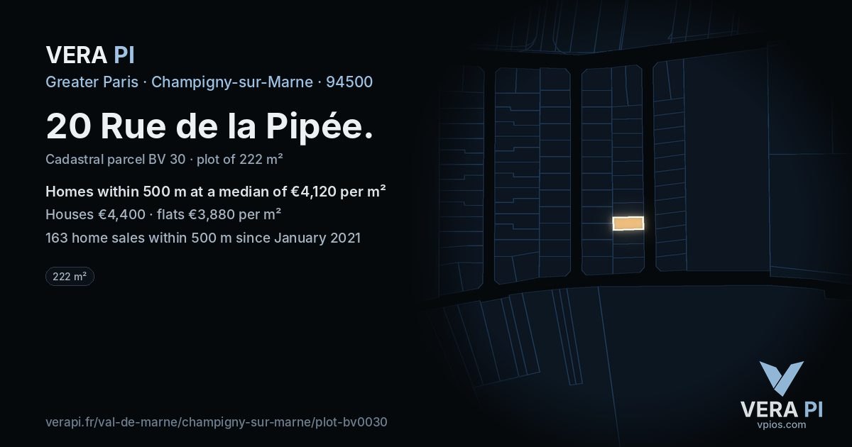 20 Rue de la Pipée, Champigny-sur-Marne at night – the plot lit, the parcels around coloured by the prices near them