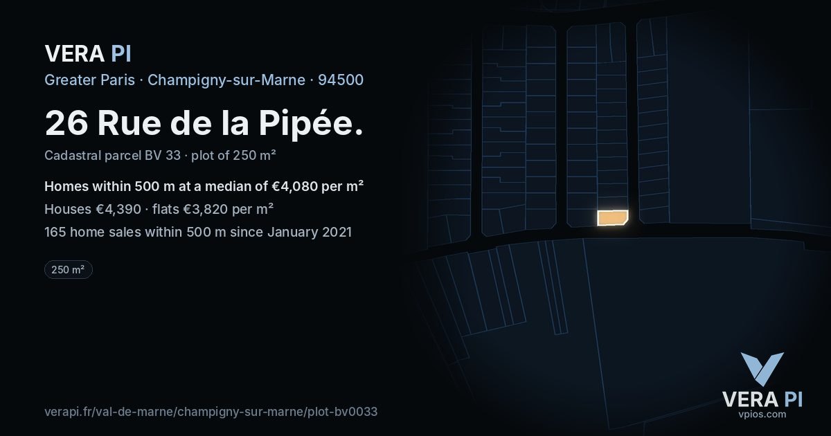 26 Rue de la Pipée, Champigny-sur-Marne at night – the plot lit, the parcels around coloured by the prices near them