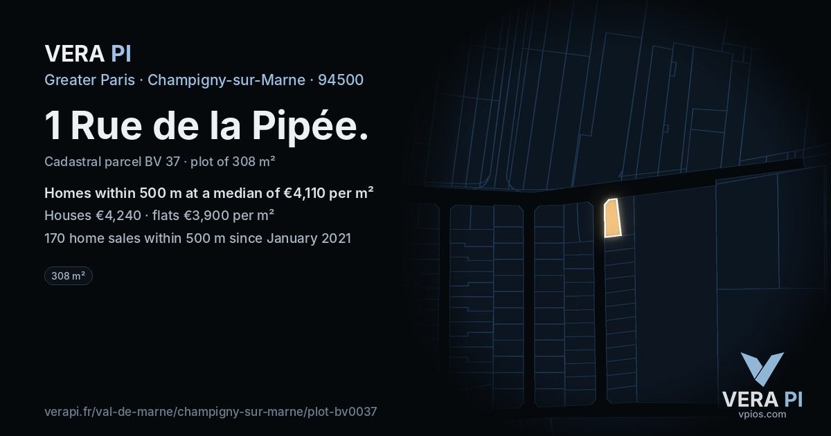 1 Rue de la Pipée, Champigny-sur-Marne at night – the plot lit, the parcels around coloured by the prices near them