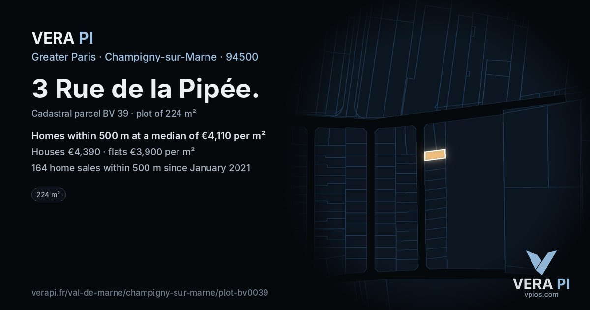 3 Rue de la Pipée, Champigny-sur-Marne at night – the plot lit, the parcels around coloured by the prices near them