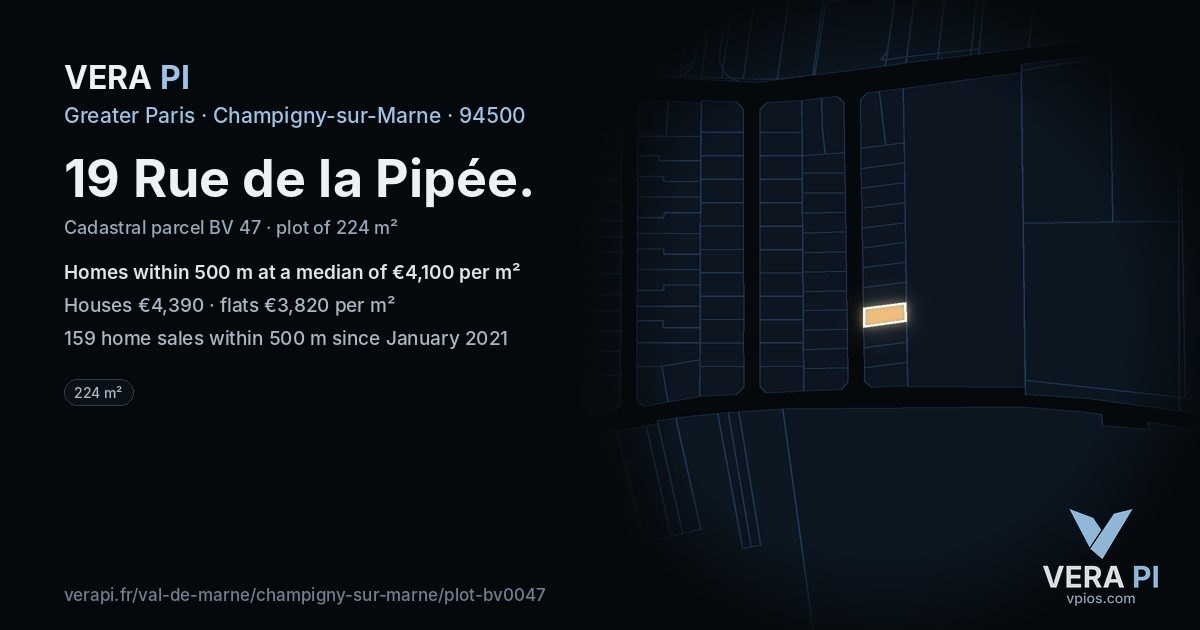 19 Rue de la Pipée, Champigny-sur-Marne at night – the plot lit, the parcels around coloured by the prices near them
