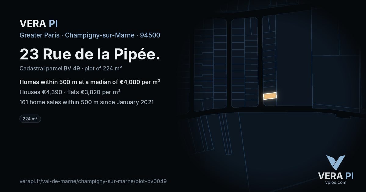 23 Rue de la Pipée, Champigny-sur-Marne at night – the plot lit, the parcels around coloured by the prices near them
