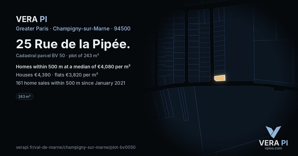 25 Rue de la Pipée, Champigny-sur-Marne at night – the plot lit, the parcels around coloured by the prices near them