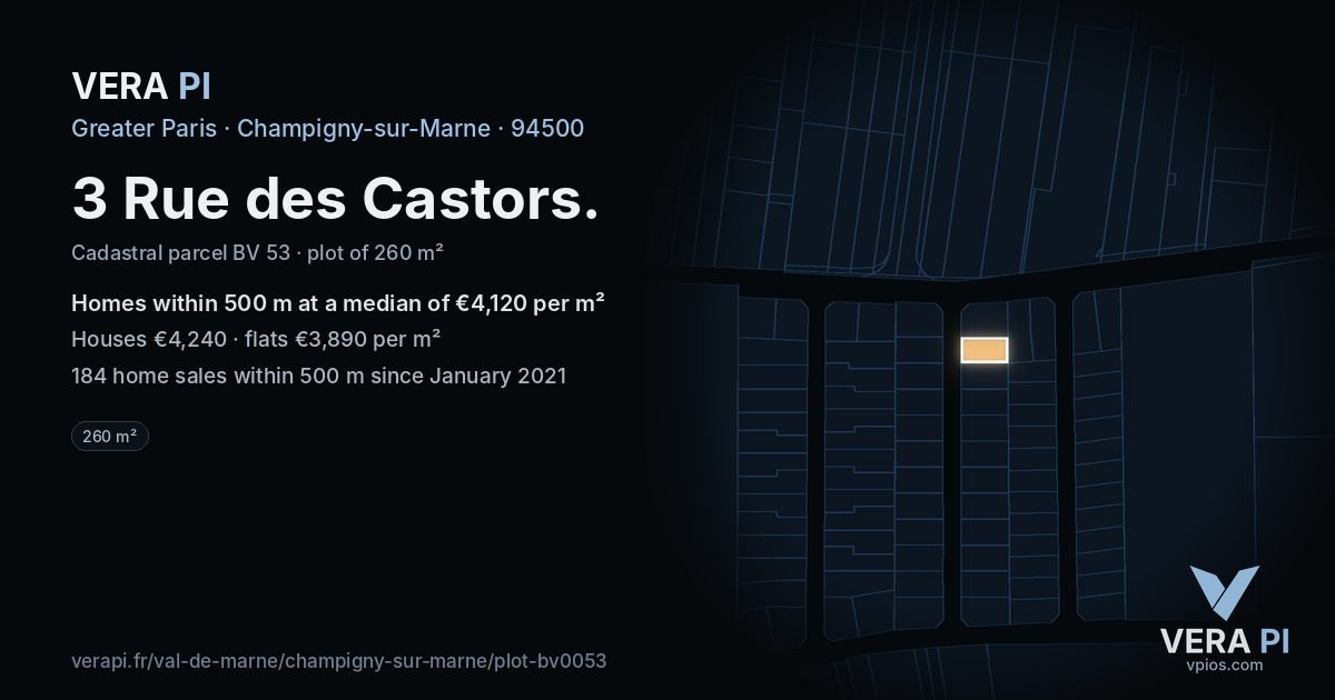 3 Rue des Castors, Champigny-sur-Marne at night – the plot lit, the parcels around coloured by the prices near them