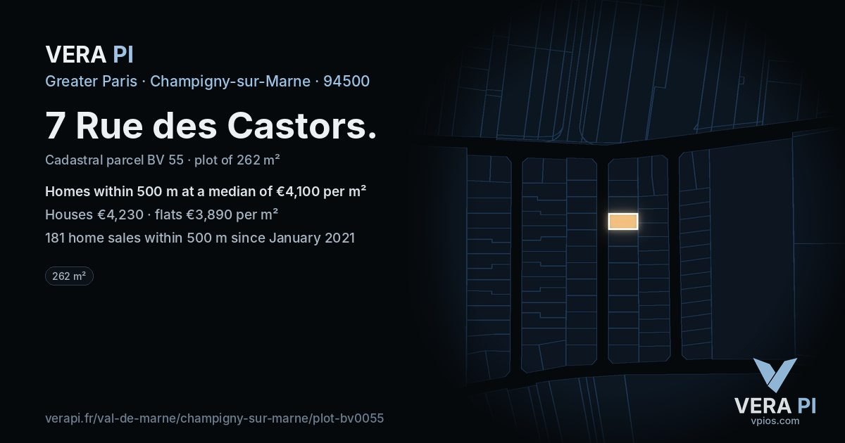 7 Rue des Castors, Champigny-sur-Marne at night – the plot lit, the parcels around coloured by the prices near them