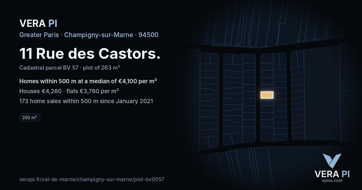11 Rue des Castors, Champigny-sur-Marne at night – the plot lit, the parcels around coloured by the prices near them