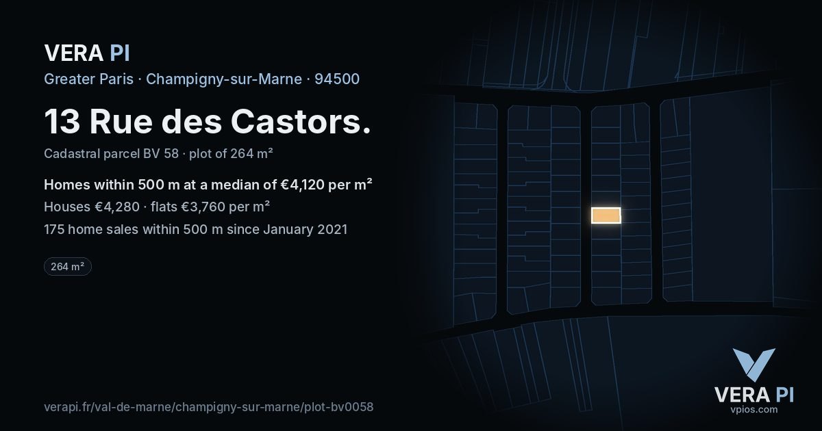 13 Rue des Castors, Champigny-sur-Marne at night – the plot lit, the parcels around coloured by the prices near them