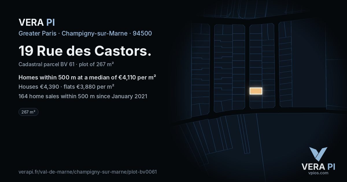 19 Rue des Castors, Champigny-sur-Marne at night – the plot lit, the parcels around coloured by the prices near them