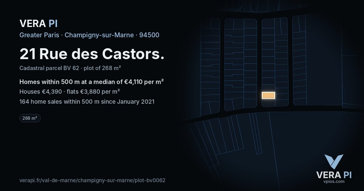 21 Rue des Castors, Champigny-sur-Marne at night – the plot lit, the parcels around coloured by the prices near them
