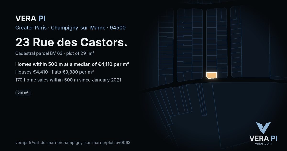 23 Rue des Castors, Champigny-sur-Marne at night – the plot lit, the parcels around coloured by the prices near them