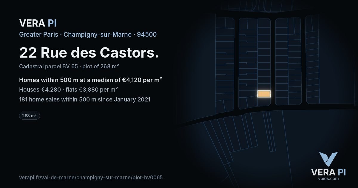 22 Rue des Castors, Champigny-sur-Marne at night – the plot lit, the parcels around coloured by the prices near them
