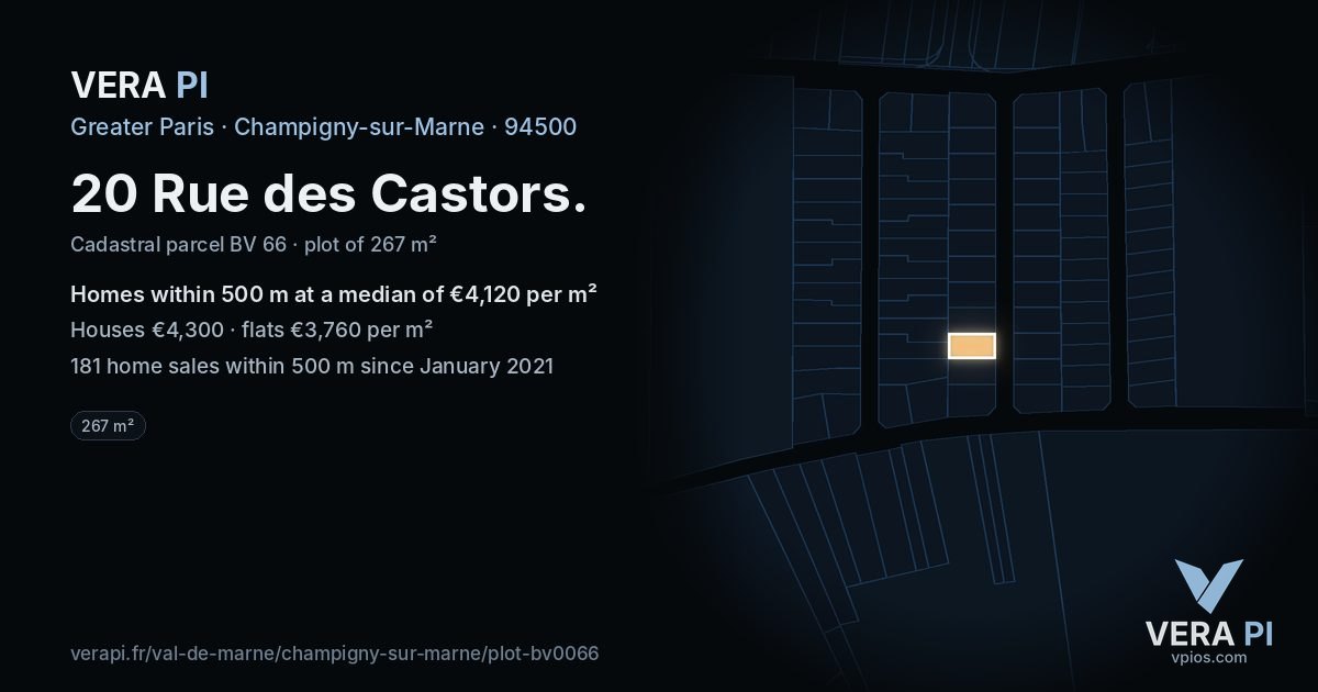 20 Rue des Castors, Champigny-sur-Marne at night – the plot lit, the parcels around coloured by the prices near them