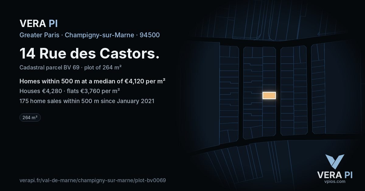 14 Rue des Castors, Champigny-sur-Marne at night – the plot lit, the parcels around coloured by the prices near them