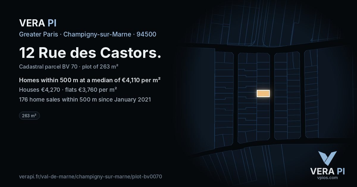 12 Rue des Castors, Champigny-sur-Marne at night – the plot lit, the parcels around coloured by the prices near them