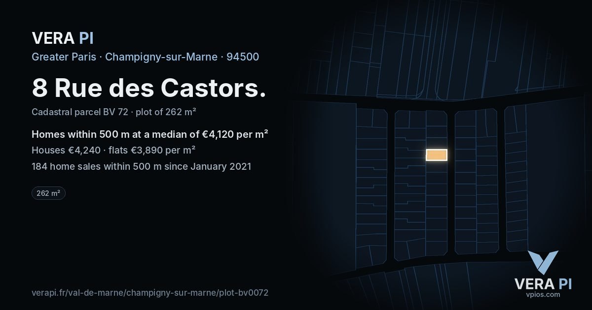 8 Rue des Castors, Champigny-sur-Marne at night – the plot lit, the parcels around coloured by the prices near them
