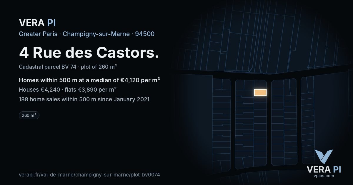 4 Rue des Castors, Champigny-sur-Marne at night – the plot lit, the parcels around coloured by the prices near them