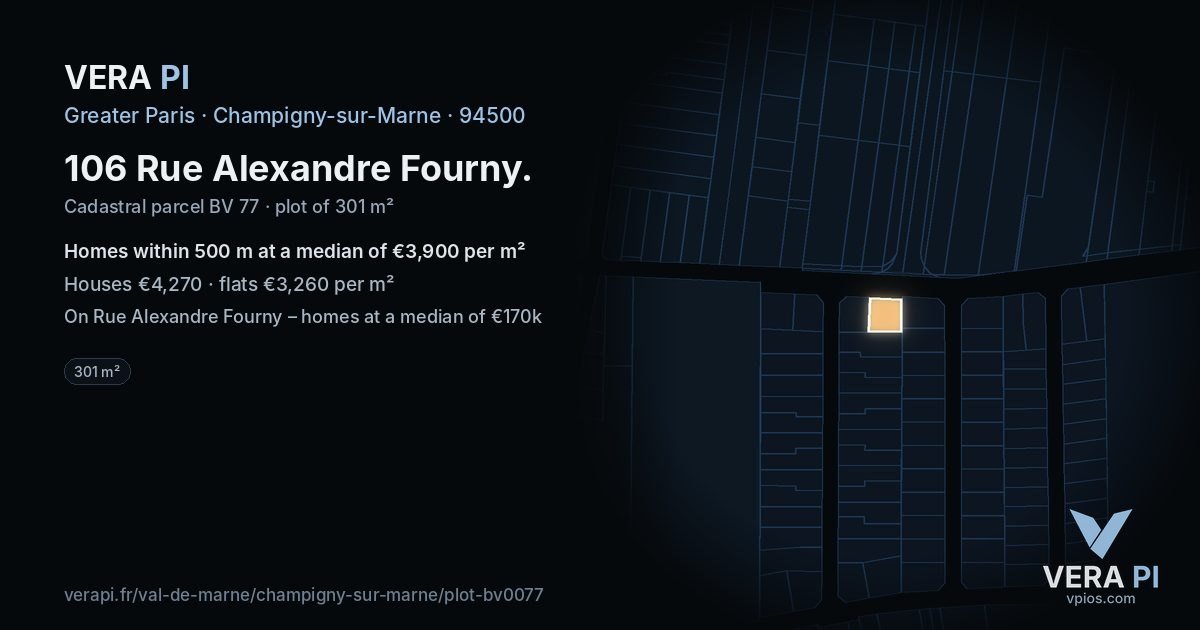 106 Rue Alexandre Fourny, Champigny-sur-Marne at night – the plot lit, the parcels around coloured by the prices near them