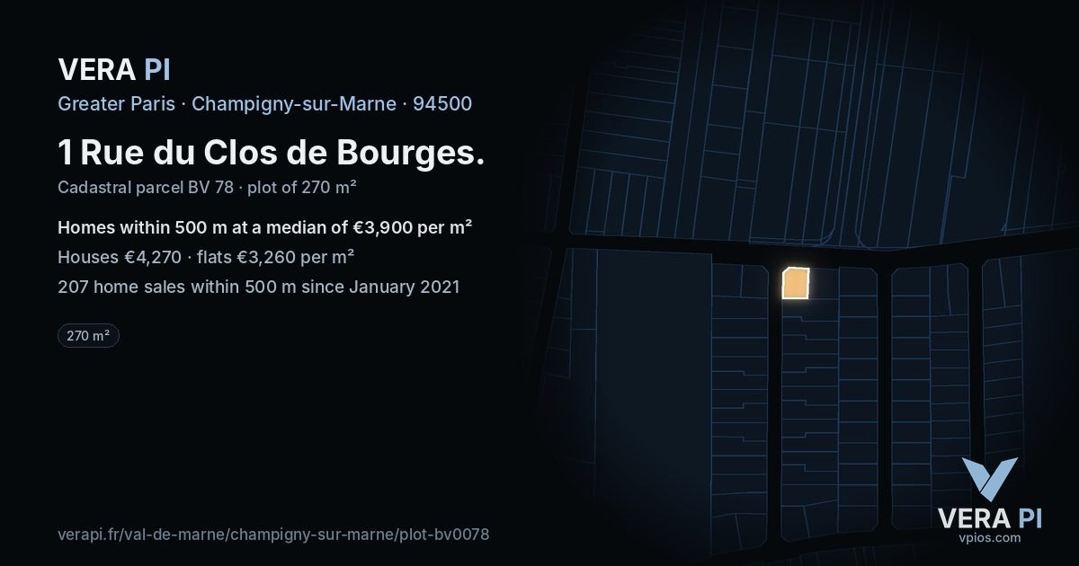 1 Rue du Clos de Bourges, Champigny-sur-Marne at night – the plot lit, the parcels around coloured by the prices near them