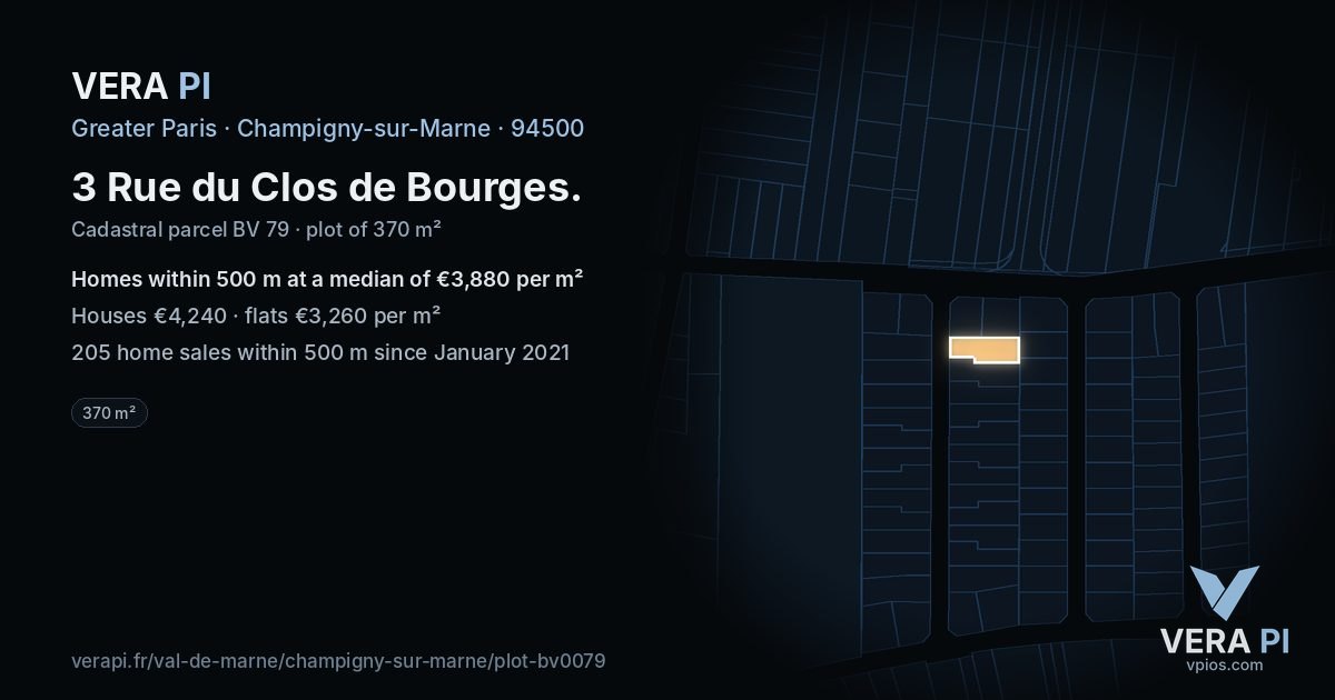 3 Rue du Clos de Bourges, Champigny-sur-Marne at night – the plot lit, the parcels around coloured by the prices near them