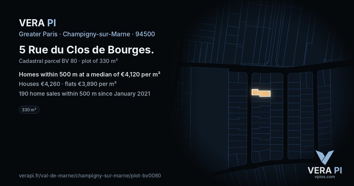 5 Rue du Clos de Bourges, Champigny-sur-Marne at night – the plot lit, the parcels around coloured by the prices near them