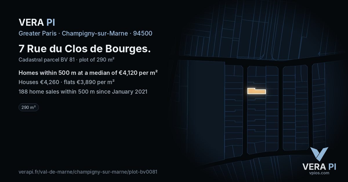 7 Rue du Clos de Bourges, Champigny-sur-Marne at night – the plot lit, the parcels around coloured by the prices near them