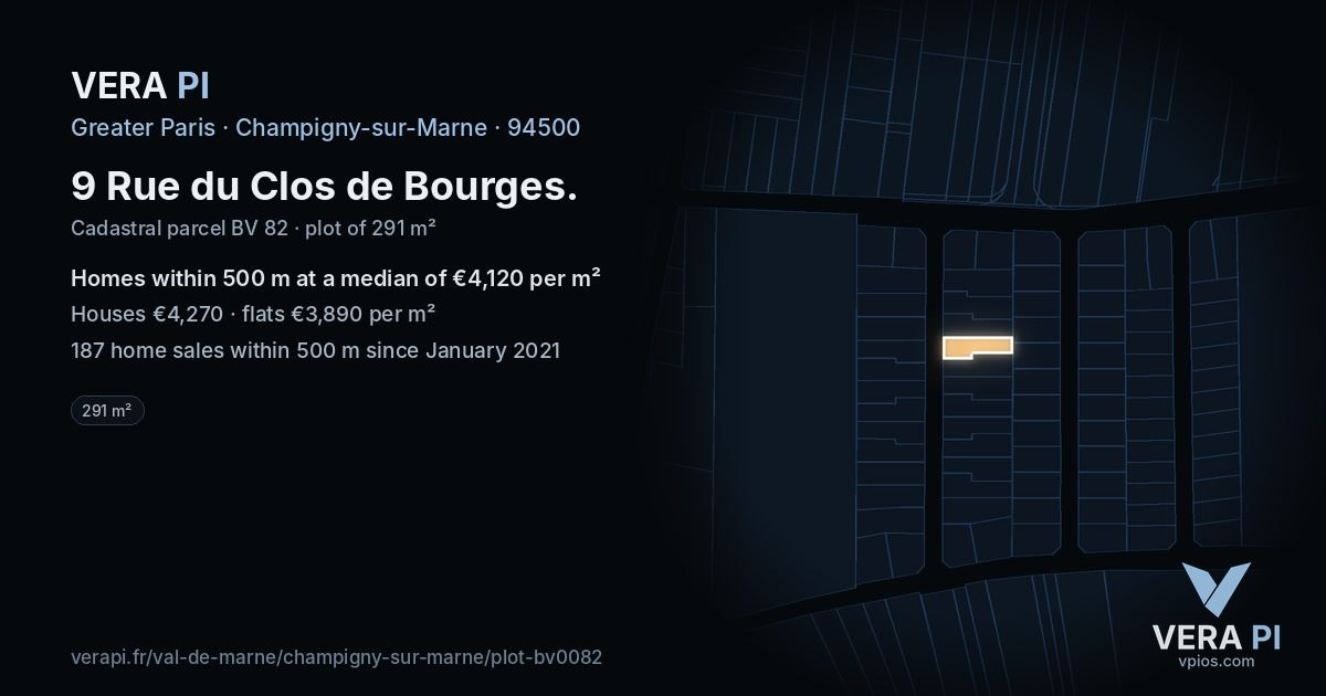 9 Rue du Clos de Bourges, Champigny-sur-Marne at night – the plot lit, the parcels around coloured by the prices near them