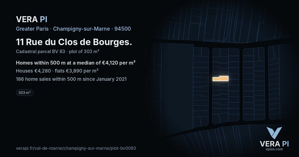 11 Rue du Clos de Bourges, Champigny-sur-Marne at night – the plot lit, the parcels around coloured by the prices near them