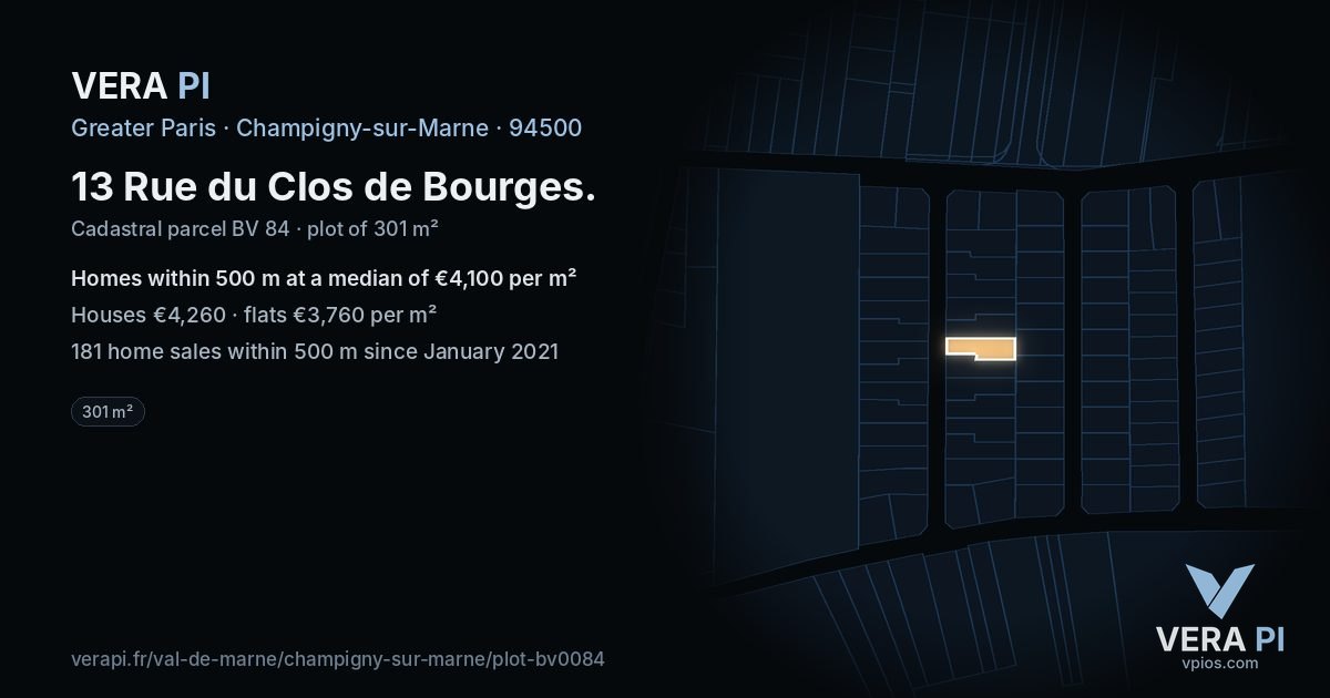 13 Rue du Clos de Bourges, Champigny-sur-Marne at night – the plot lit, the parcels around coloured by the prices near them