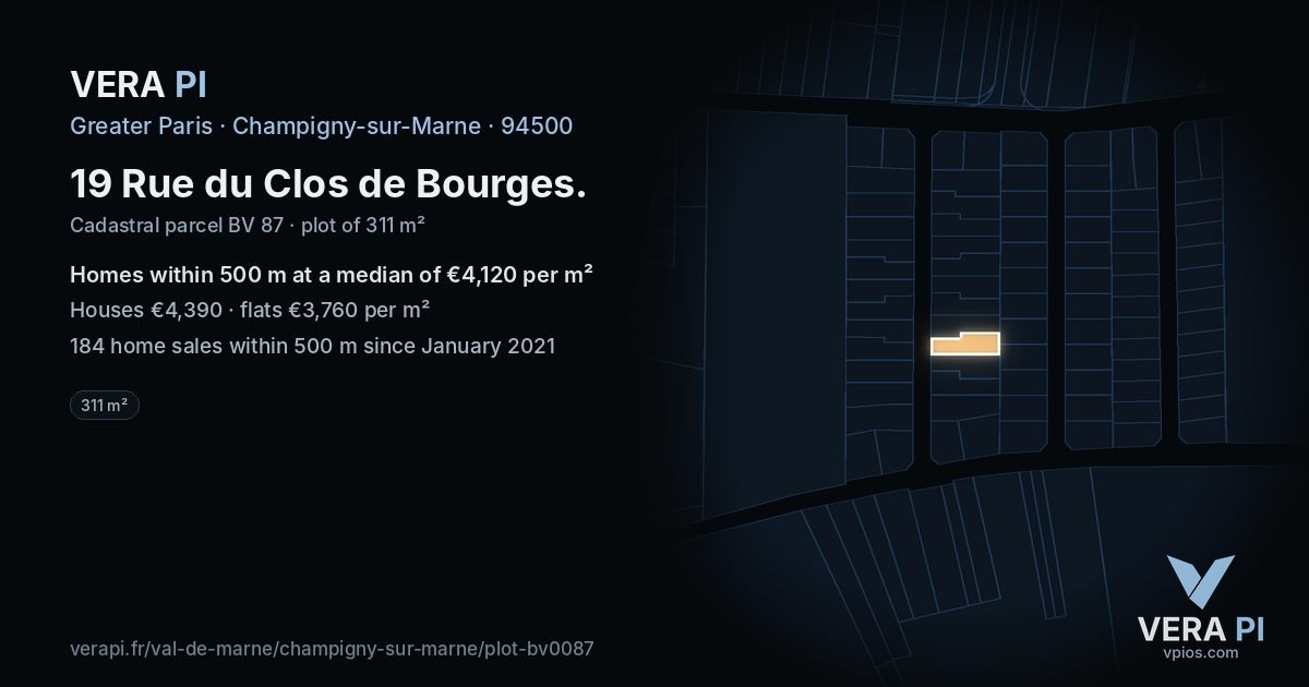 19 Rue du Clos de Bourges, Champigny-sur-Marne at night – the plot lit, the parcels around coloured by the prices near them