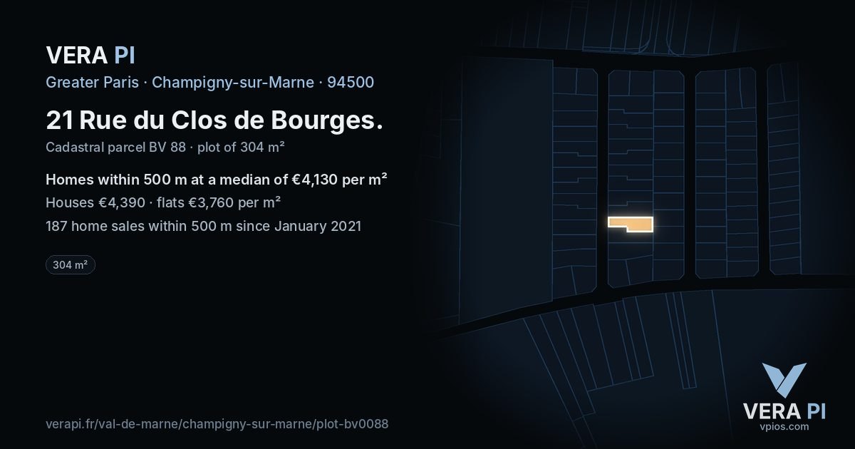 21 Rue du Clos de Bourges, Champigny-sur-Marne at night – the plot lit, the parcels around coloured by the prices near them