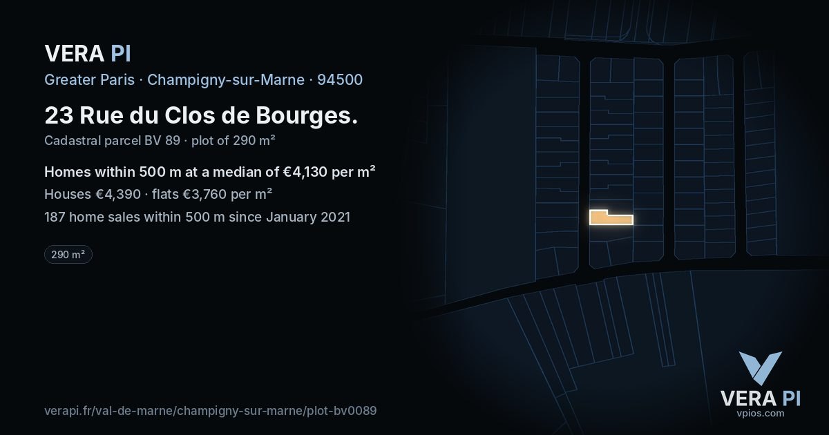 23 Rue du Clos de Bourges, Champigny-sur-Marne at night – the plot lit, the parcels around coloured by the prices near them