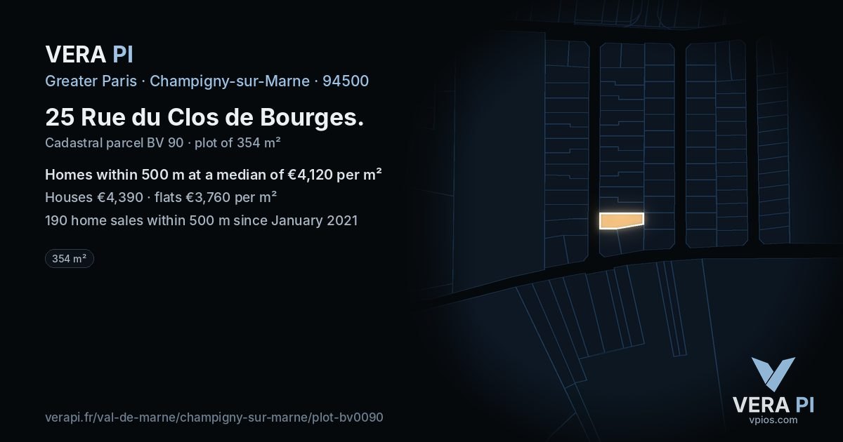 25 Rue du Clos de Bourges, Champigny-sur-Marne at night – the plot lit, the parcels around coloured by the prices near them