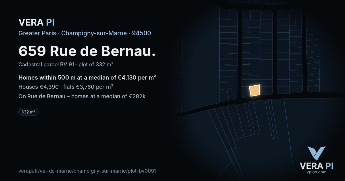 659 Rue de Bernau, Champigny-sur-Marne at night – the plot lit, the parcels around coloured by the prices near them