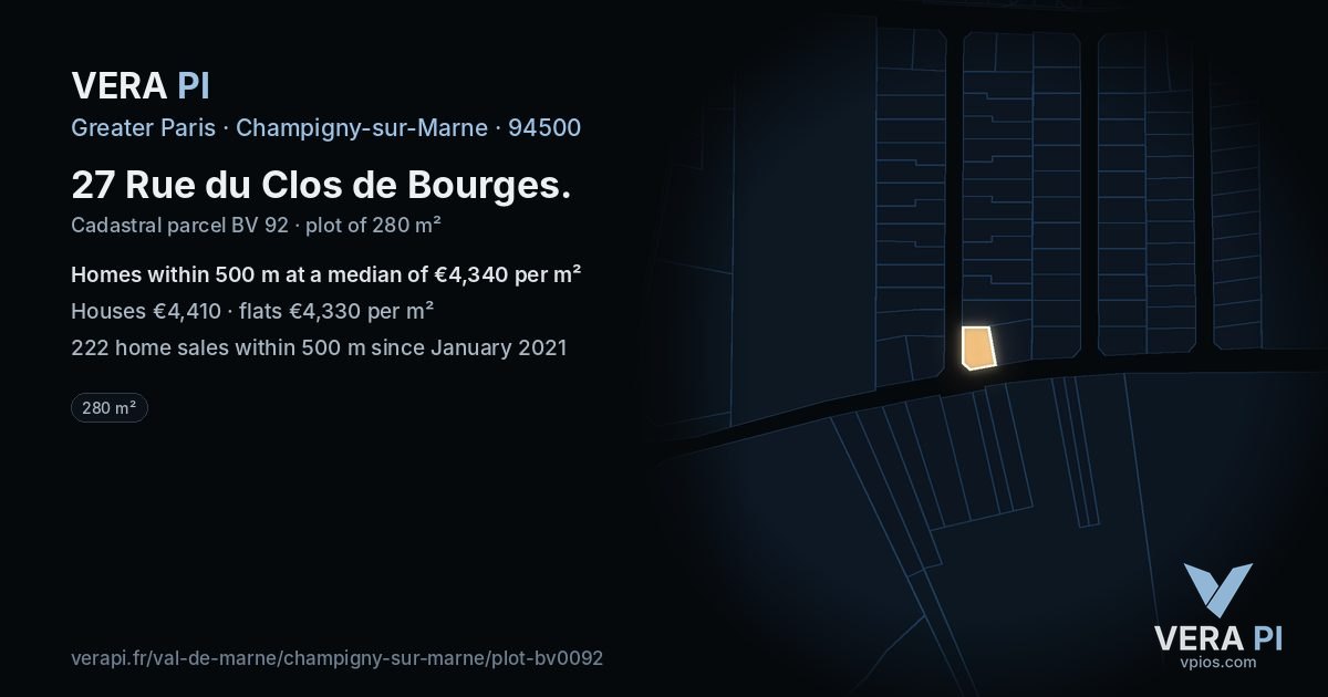 27 Rue du Clos de Bourges, Champigny-sur-Marne at night – the plot lit, the parcels around coloured by the prices near them