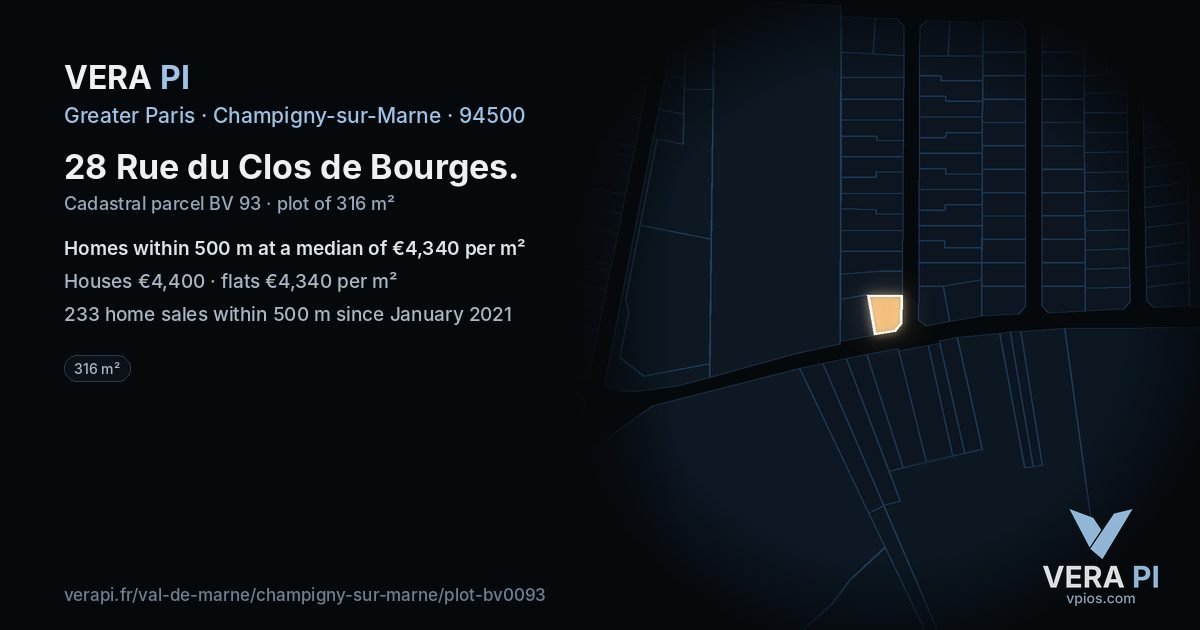 28 Rue du Clos de Bourges, Champigny-sur-Marne at night – the plot lit, the parcels around coloured by the prices near them