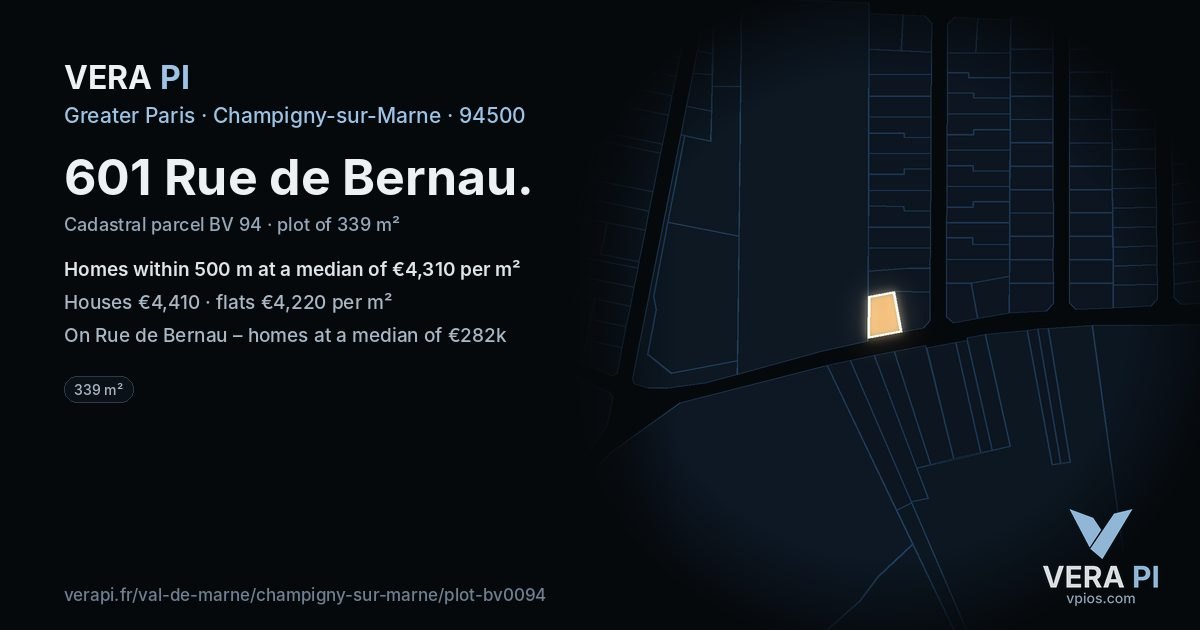 601 Rue de Bernau, Champigny-sur-Marne at night – the plot lit, the parcels around coloured by the prices near them