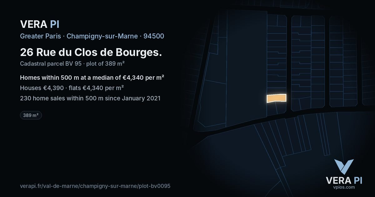 26 Rue du Clos de Bourges, Champigny-sur-Marne at night – the plot lit, the parcels around coloured by the prices near them