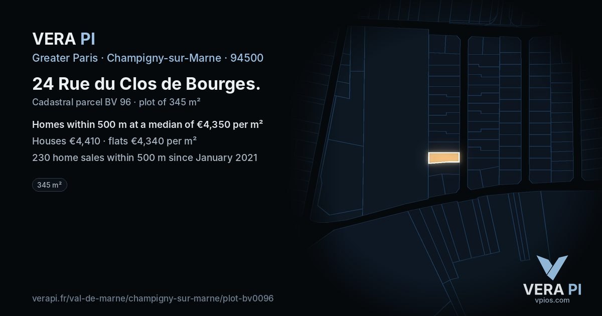 24 Rue du Clos de Bourges, Champigny-sur-Marne at night – the plot lit, the parcels around coloured by the prices near them
