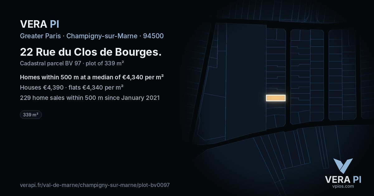 22 Rue du Clos de Bourges, Champigny-sur-Marne at night – the plot lit, the parcels around coloured by the prices near them