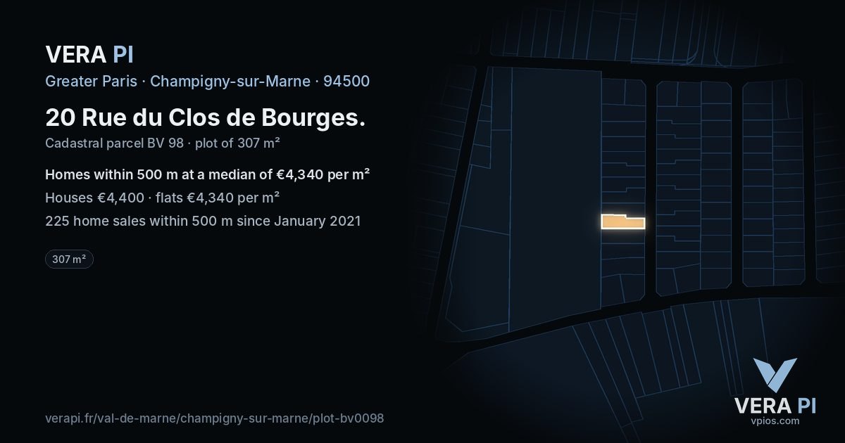 20 Rue du Clos de Bourges, Champigny-sur-Marne at night – the plot lit, the parcels around coloured by the prices near them