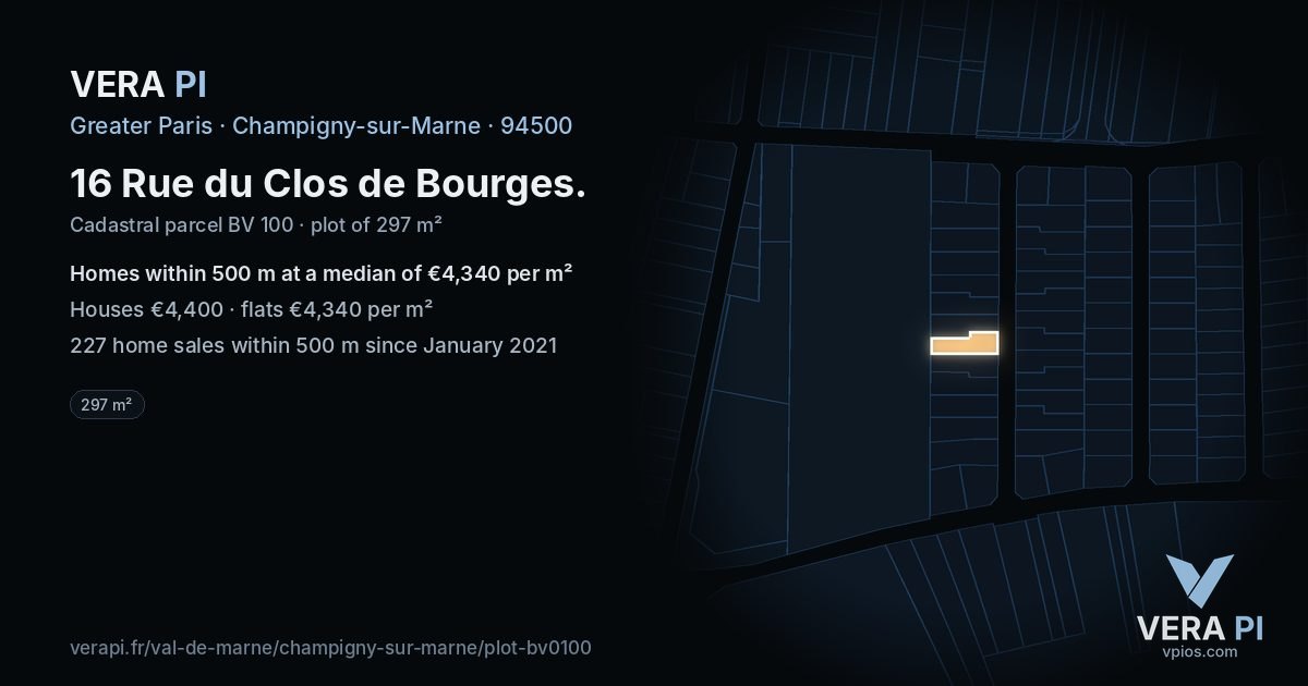 16 Rue du Clos de Bourges, Champigny-sur-Marne at night – the plot lit, the parcels around coloured by the prices near them
