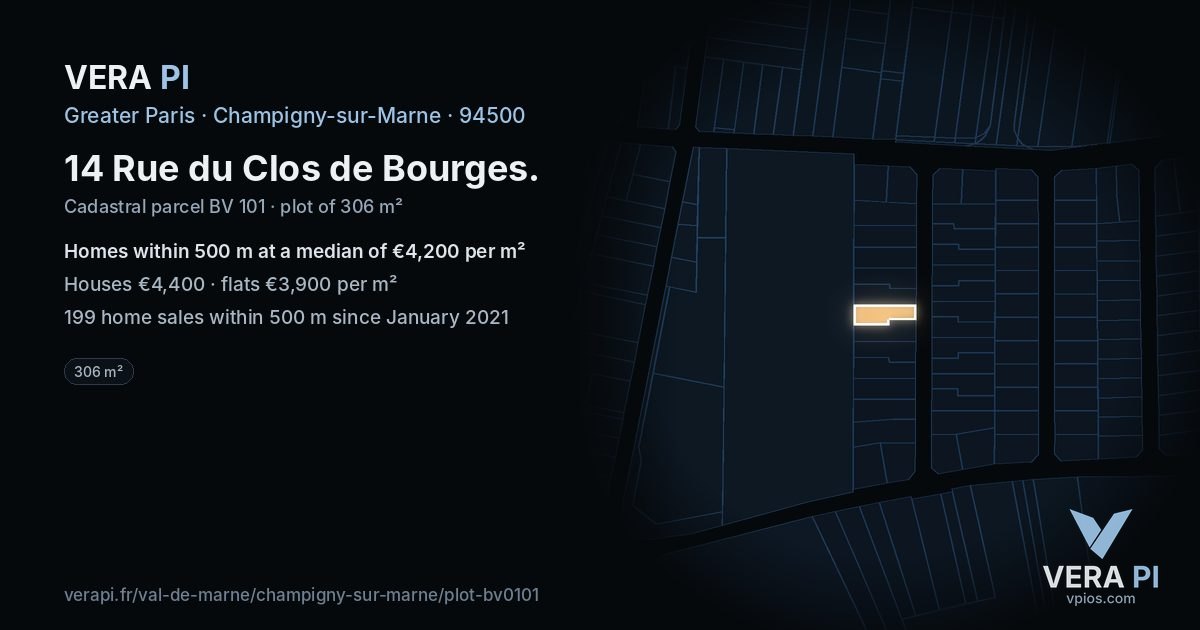 14 Rue du Clos de Bourges, Champigny-sur-Marne at night – the plot lit, the parcels around coloured by the prices near them