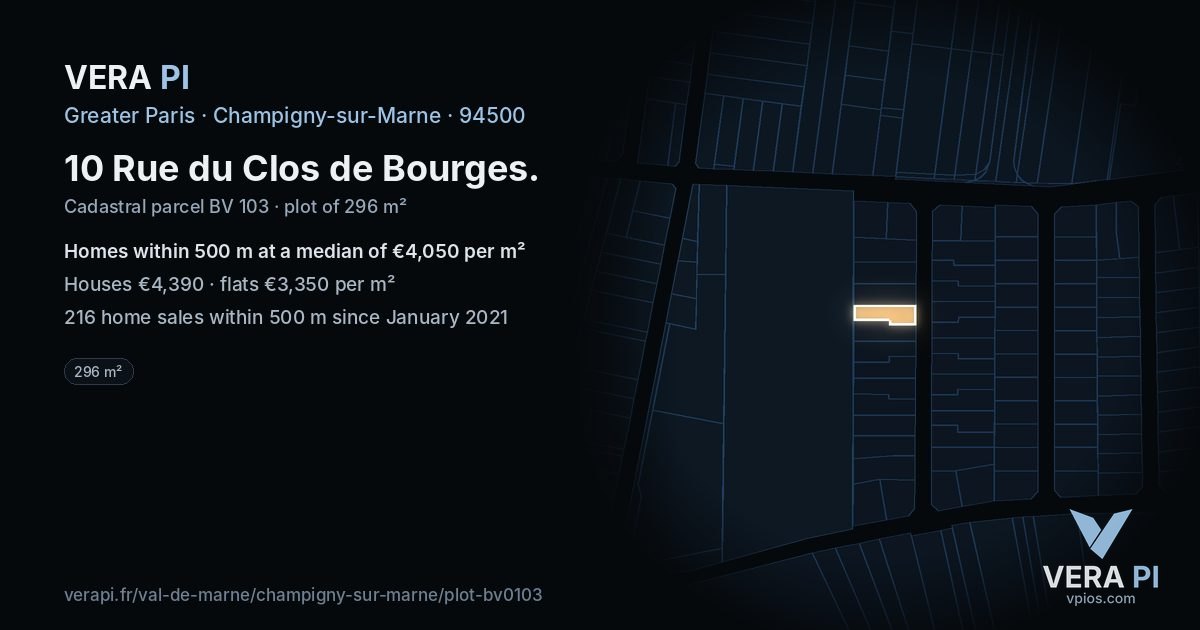 10 Rue du Clos de Bourges, Champigny-sur-Marne at night – the plot lit, the parcels around coloured by the prices near them
