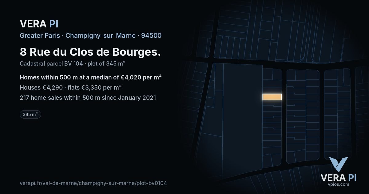 8 Rue du Clos de Bourges, Champigny-sur-Marne at night – the plot lit, the parcels around coloured by the prices near them