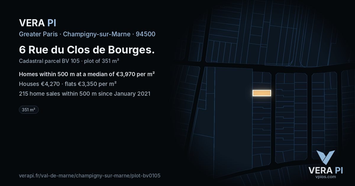6 Rue du Clos de Bourges, Champigny-sur-Marne at night – the plot lit, the parcels around coloured by the prices near them
