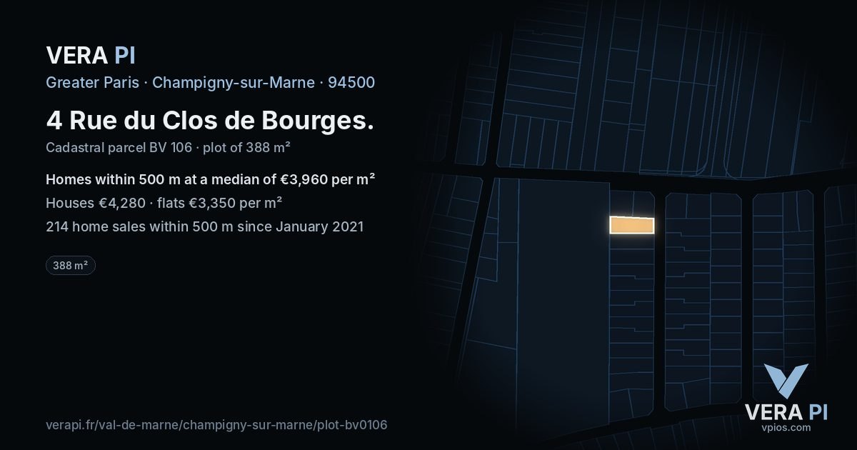 4 Rue du Clos de Bourges, Champigny-sur-Marne at night – the plot lit, the parcels around coloured by the prices near them